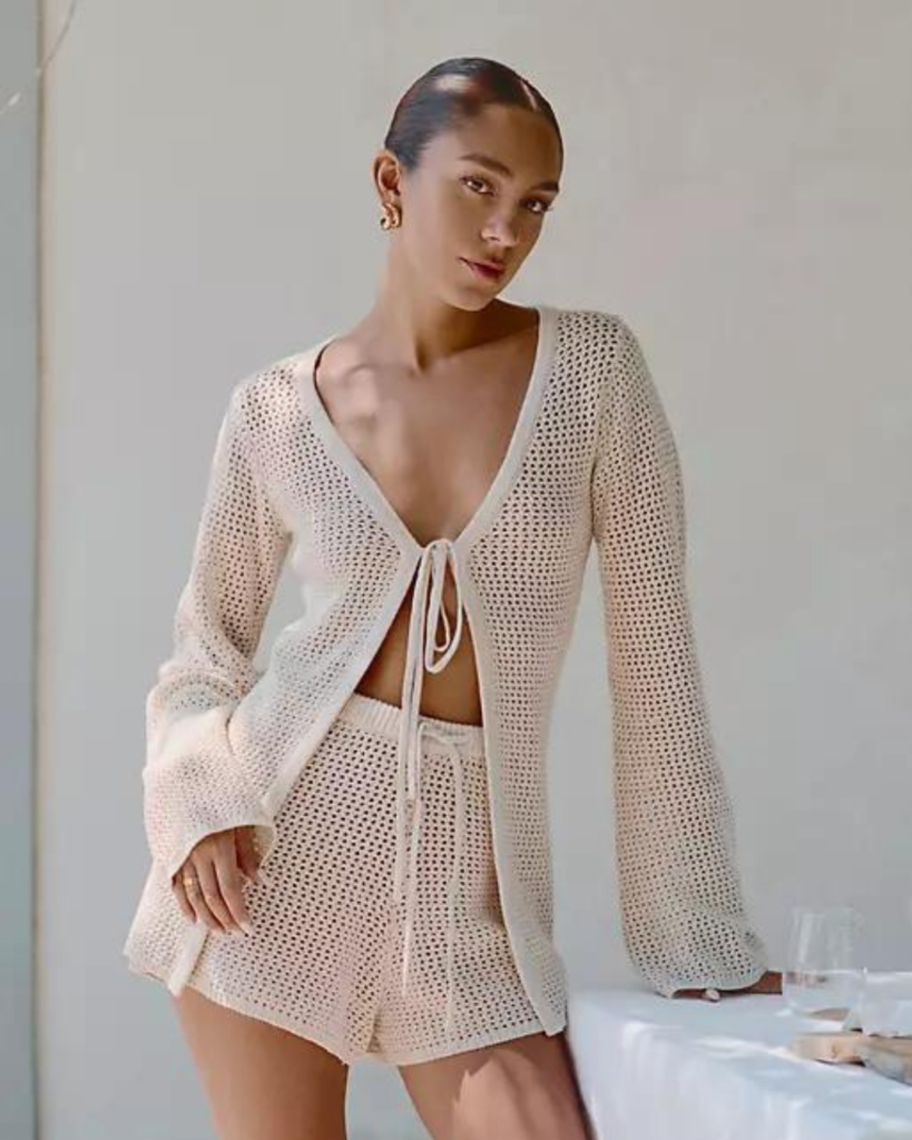 summer outfits 4th & Reckless x Luana Barron antoine crochet tie front cardigan beach co-ord in cream