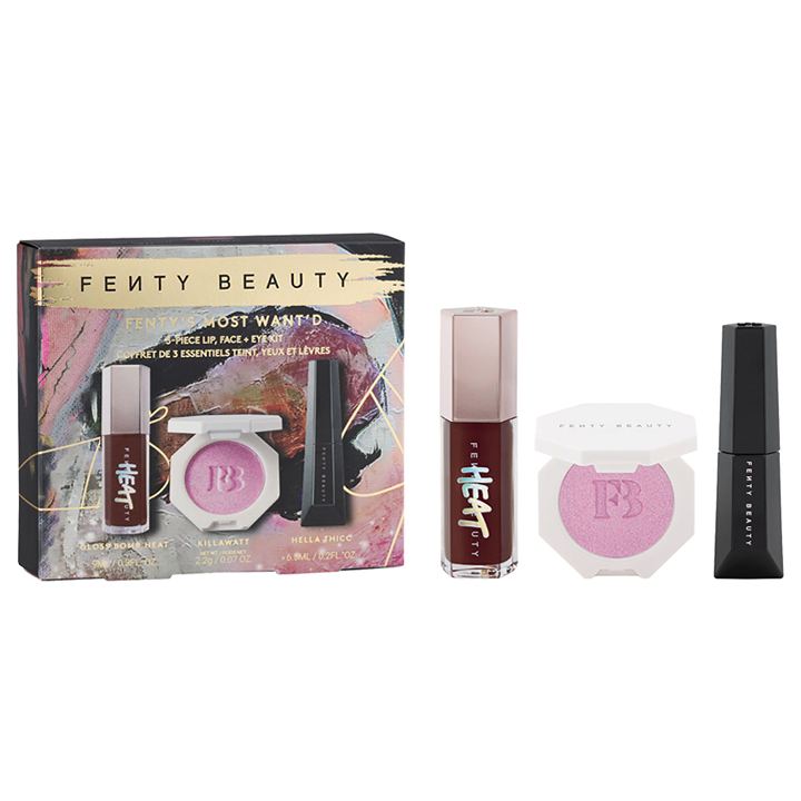 Gift Ideas For Beauty Addicts, 2024 Christmas Gift Guide: Fenty Beauty 3 piece kit holiday limited edition set face lips eyes